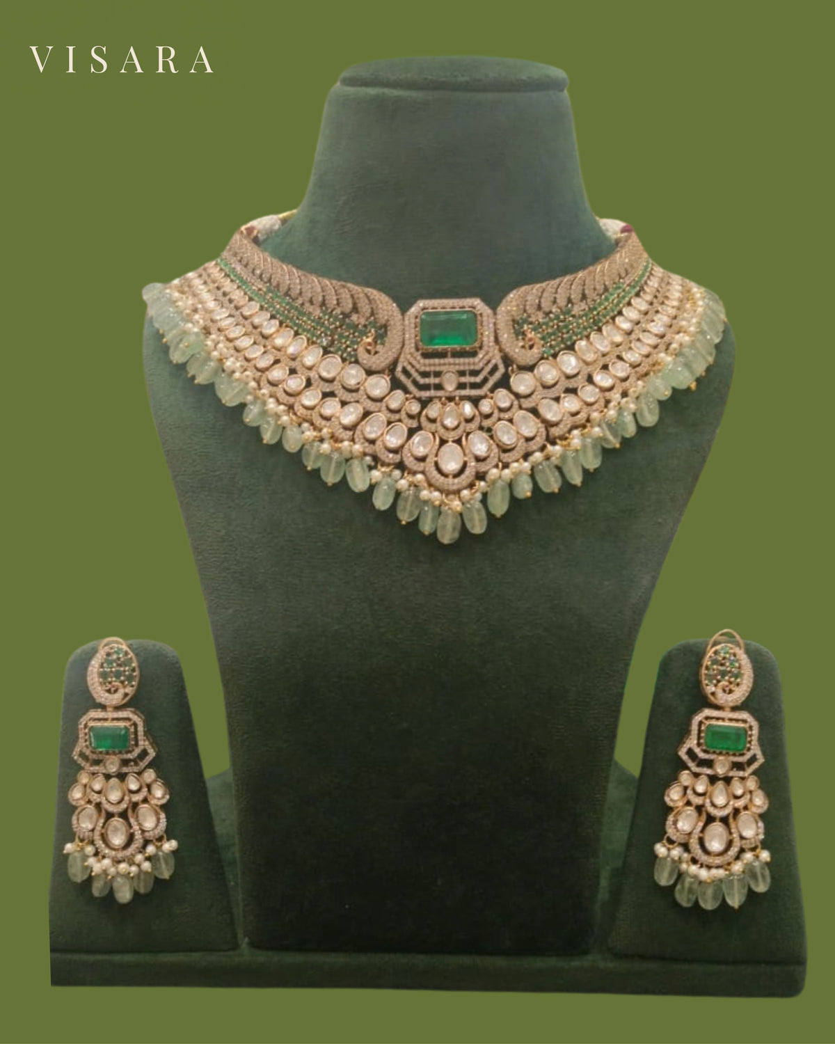 Emerald Green Antique Finish Rectangular Choker Set