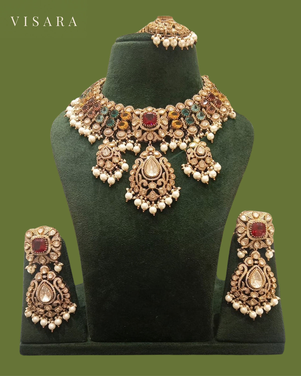 Multicolour Antique Finish Oval Necklace, Earring and Tikka Set