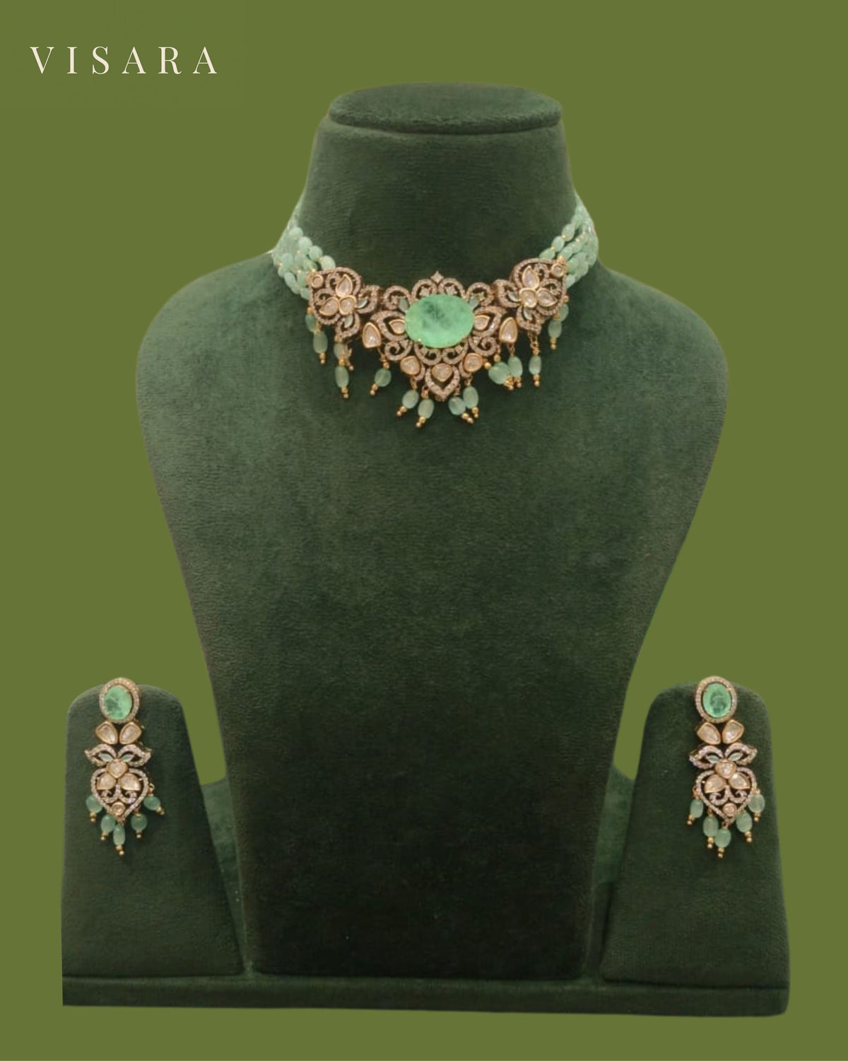 Aqua Green Antique Finish Teardrop Necklace Set