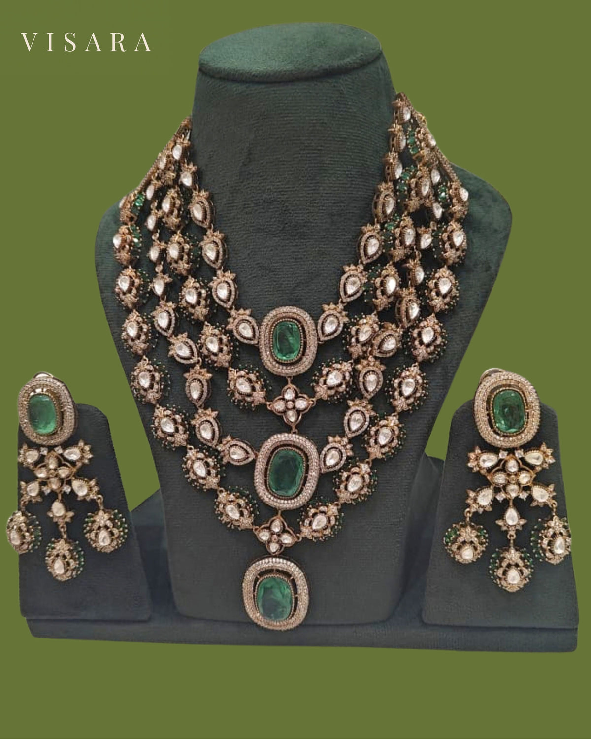 Green Antique Finish Oval Triple Layered Necklace and Earrings