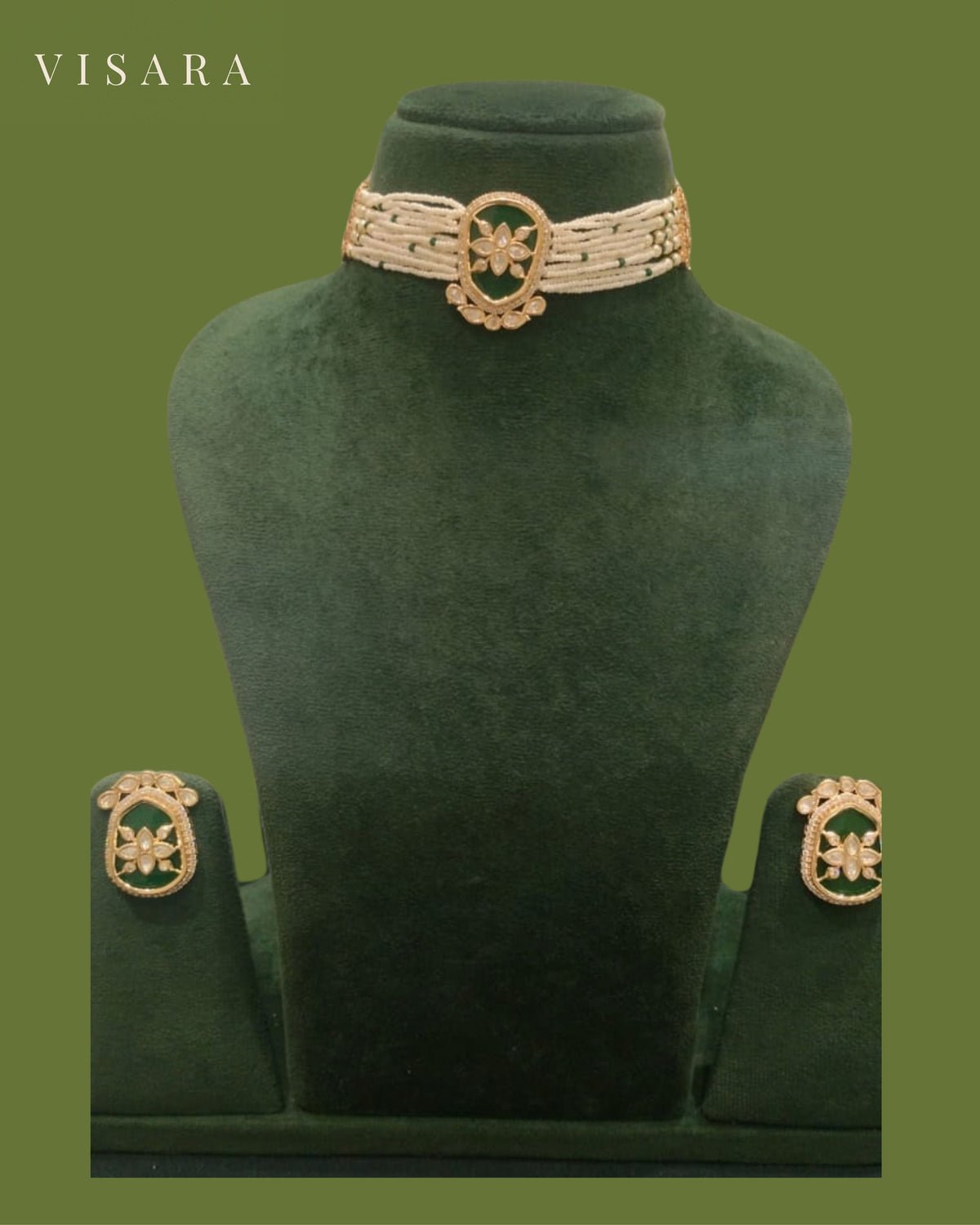 Green Antique Finish Floral and Beaded Choker Set