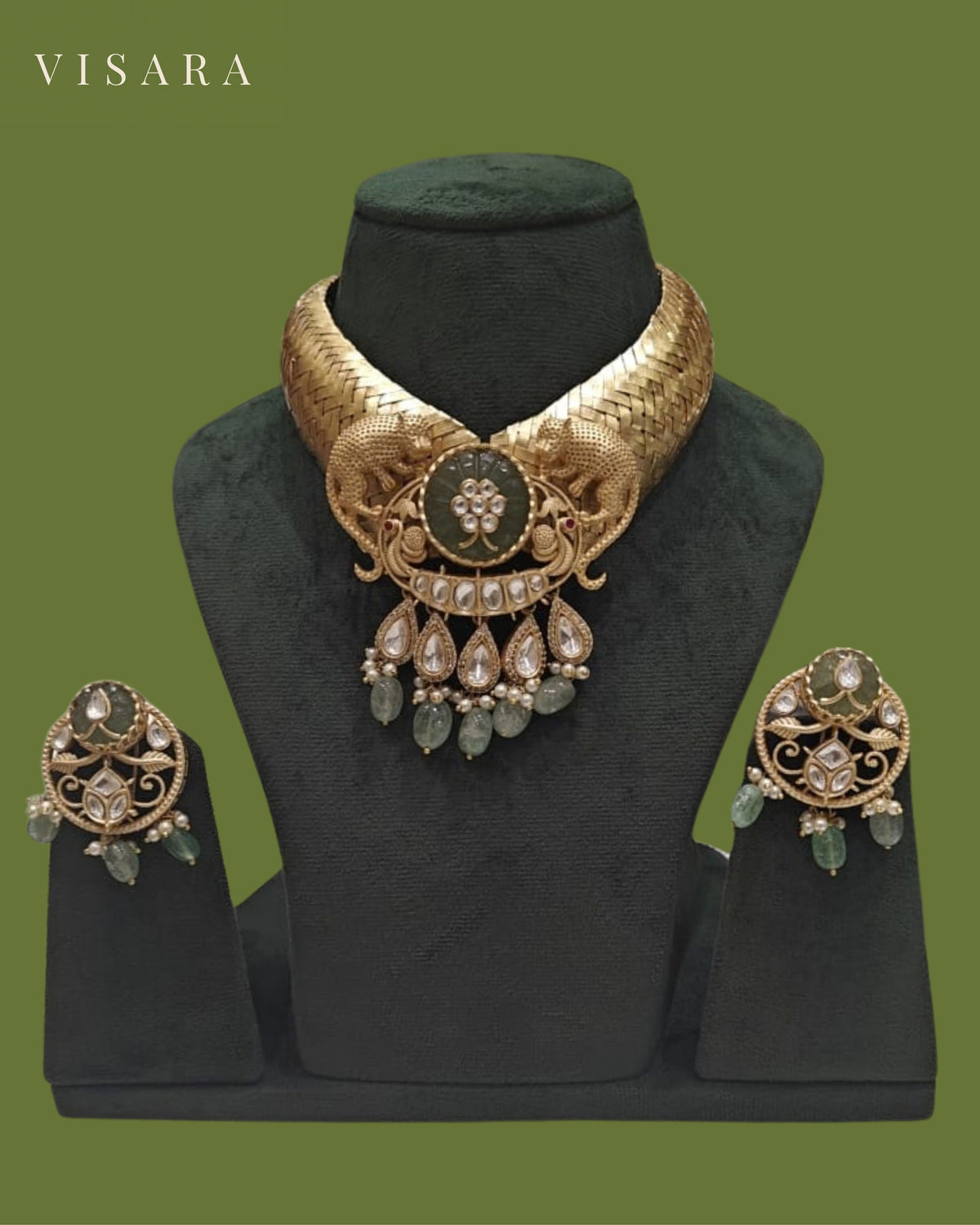 Green and Gold Tone Floral Statement Choker Necklace Set