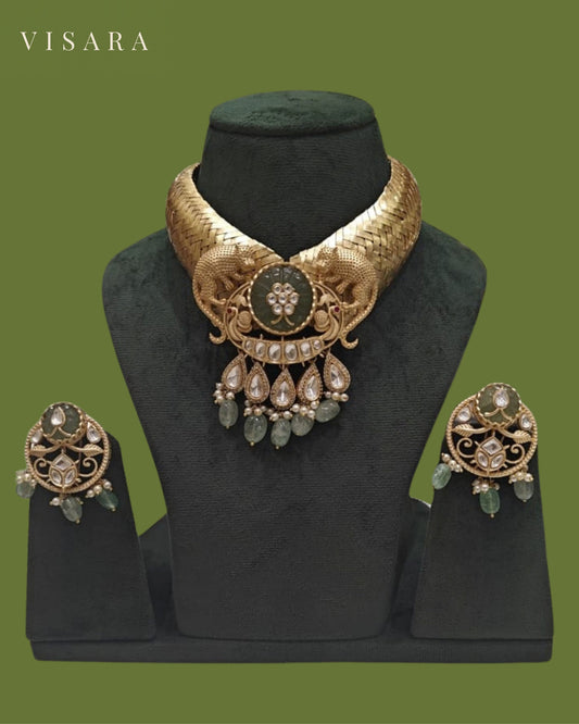 Green and Gold Tone Floral Statement Choker Necklace Set