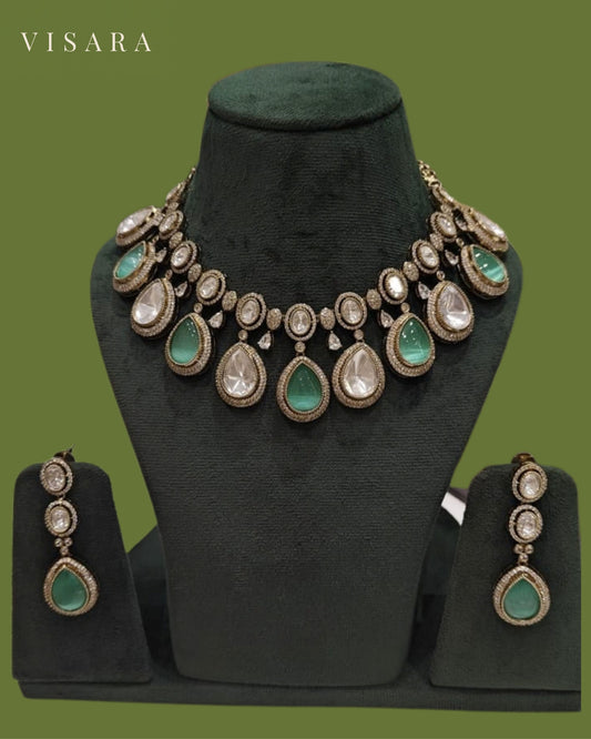 Aqua Green Antique Finish Teardrop Necklace Set