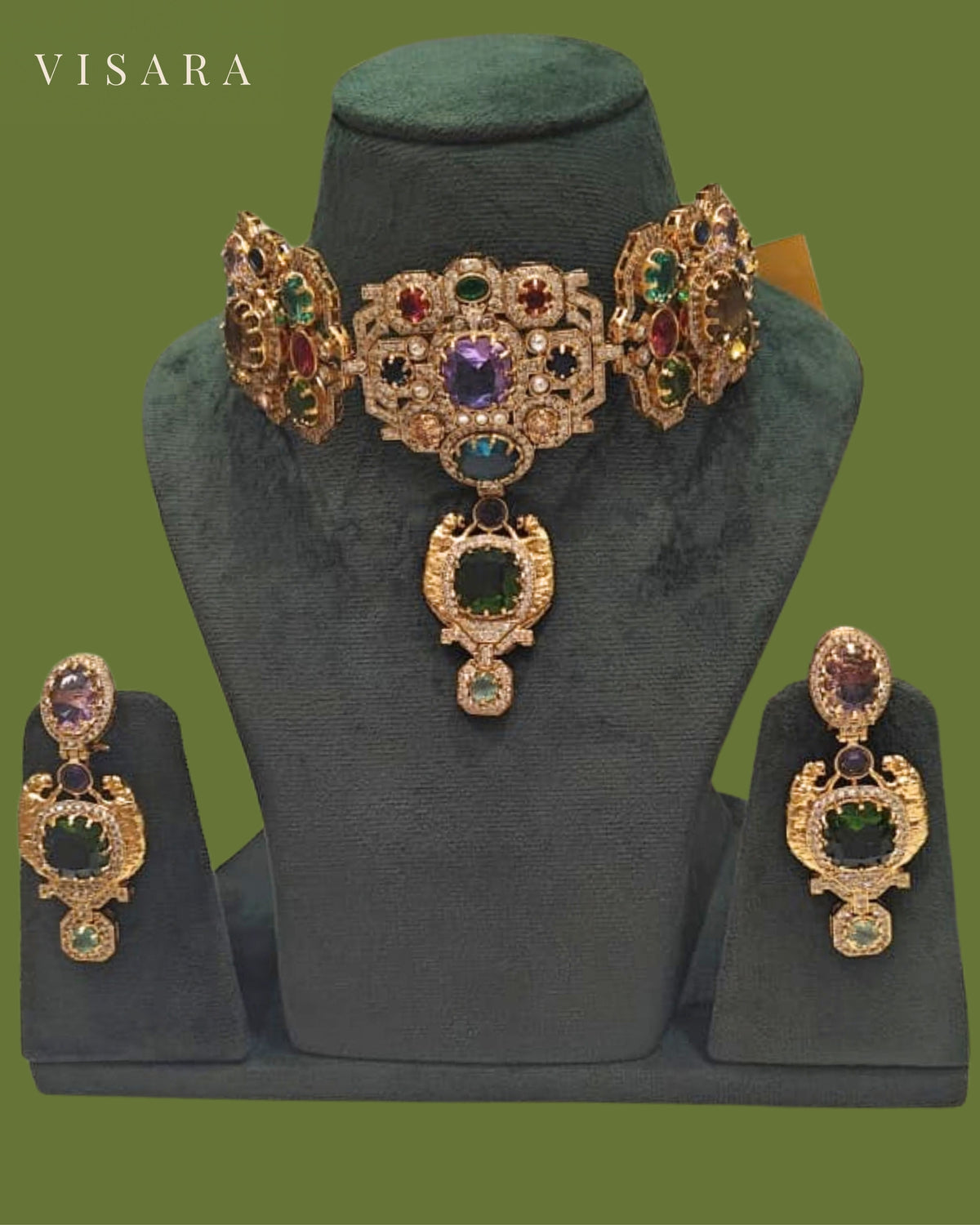 Emerald Green Antique Finish Rectangular Choker Set