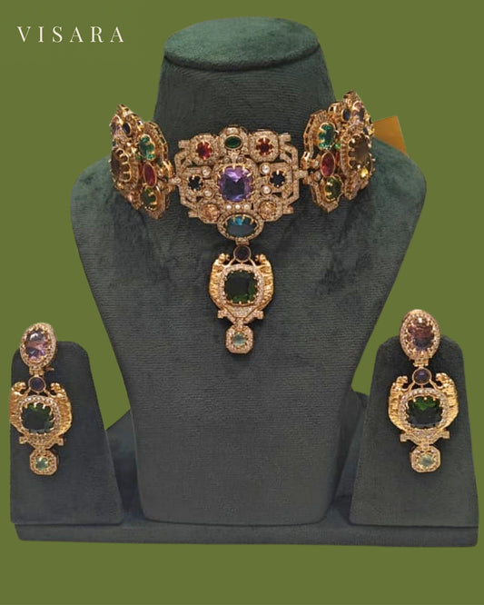 Emerald Green Antique Finish Rectangular Choker Set