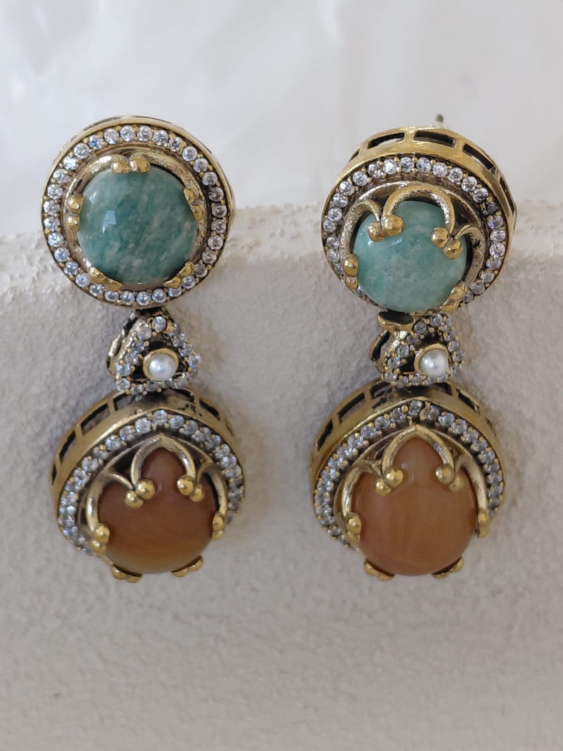Mint & Peach Dual Cabochon Drop Earrings - View 1