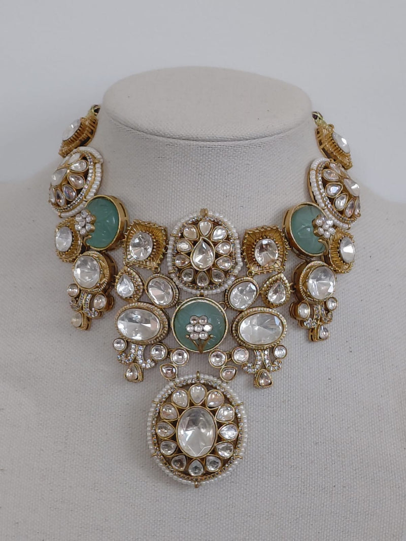 Turquoise Mint Cabochon Collar Necklace, Tikka & Earrings Set - View 1